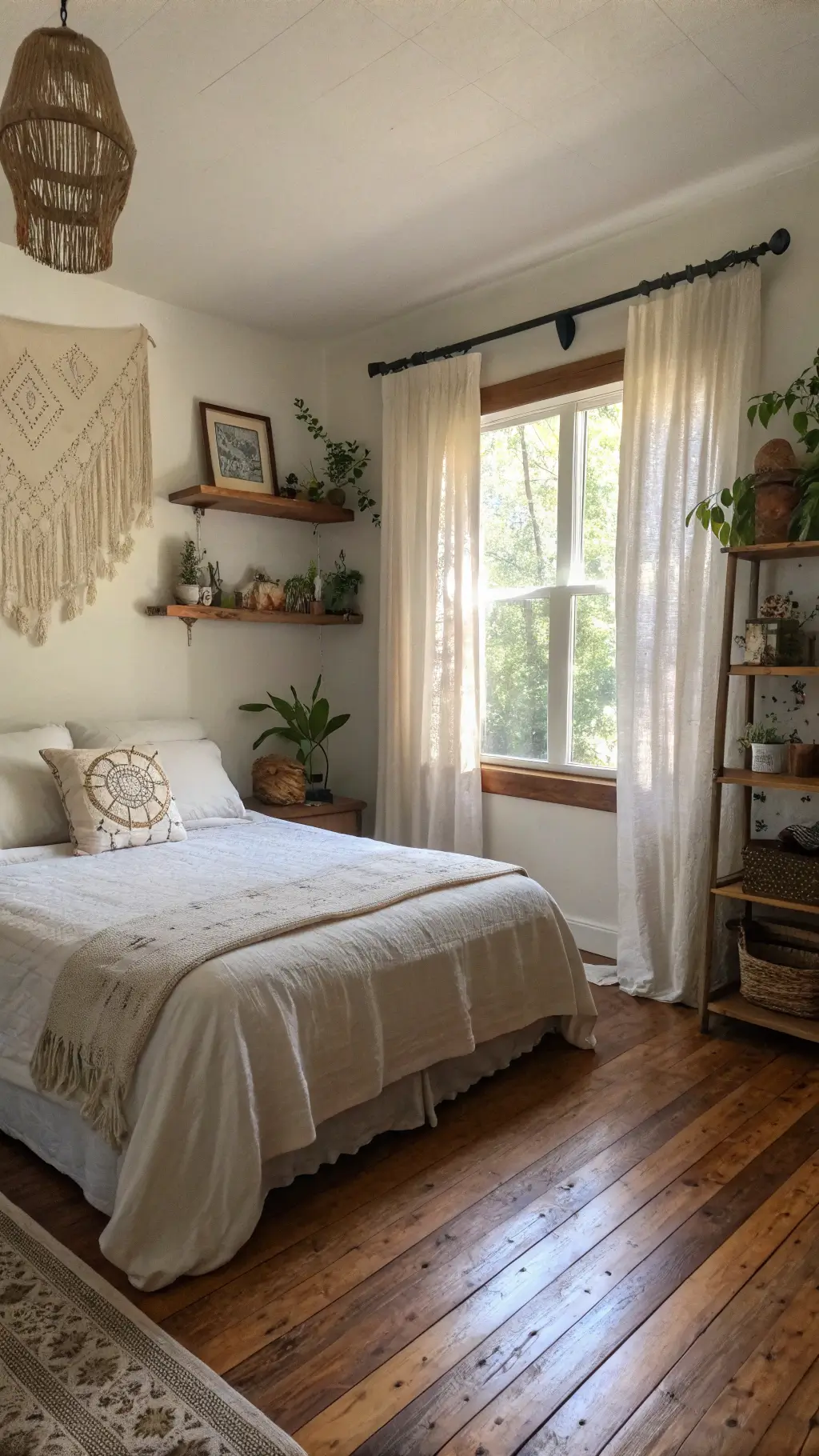 Wabi-Sabi Painting: Embracing Imperfection and Natural Beauty in Art 9 Bohemian bedroom retreat featuring hardwood floors, diffused afternoon light through gauzy curtains, Wabi-Sabi art above unmade linen bedding, and floating shelves with natural objects.