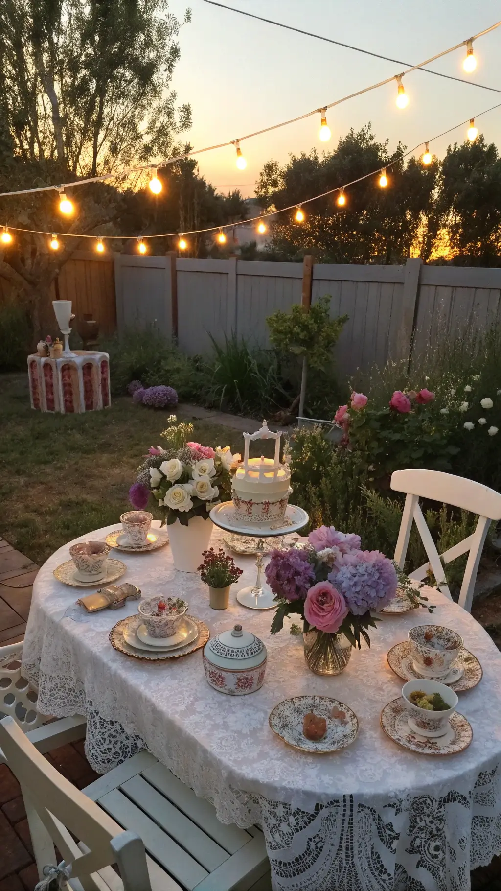 Bloom with Love: A Mother's Day Decor Guide That'll Melt Her Heart 10 Overhead view of a charming 10x10ft garden patio illuminated by string lights at magic hour, featuring a vintage table setting with china teacups filled with fresh flowers, a two-tier cake stand showcasing family photos, and potted lavender and roses, all set on an antique lace tablecloth over white weathered furniture.