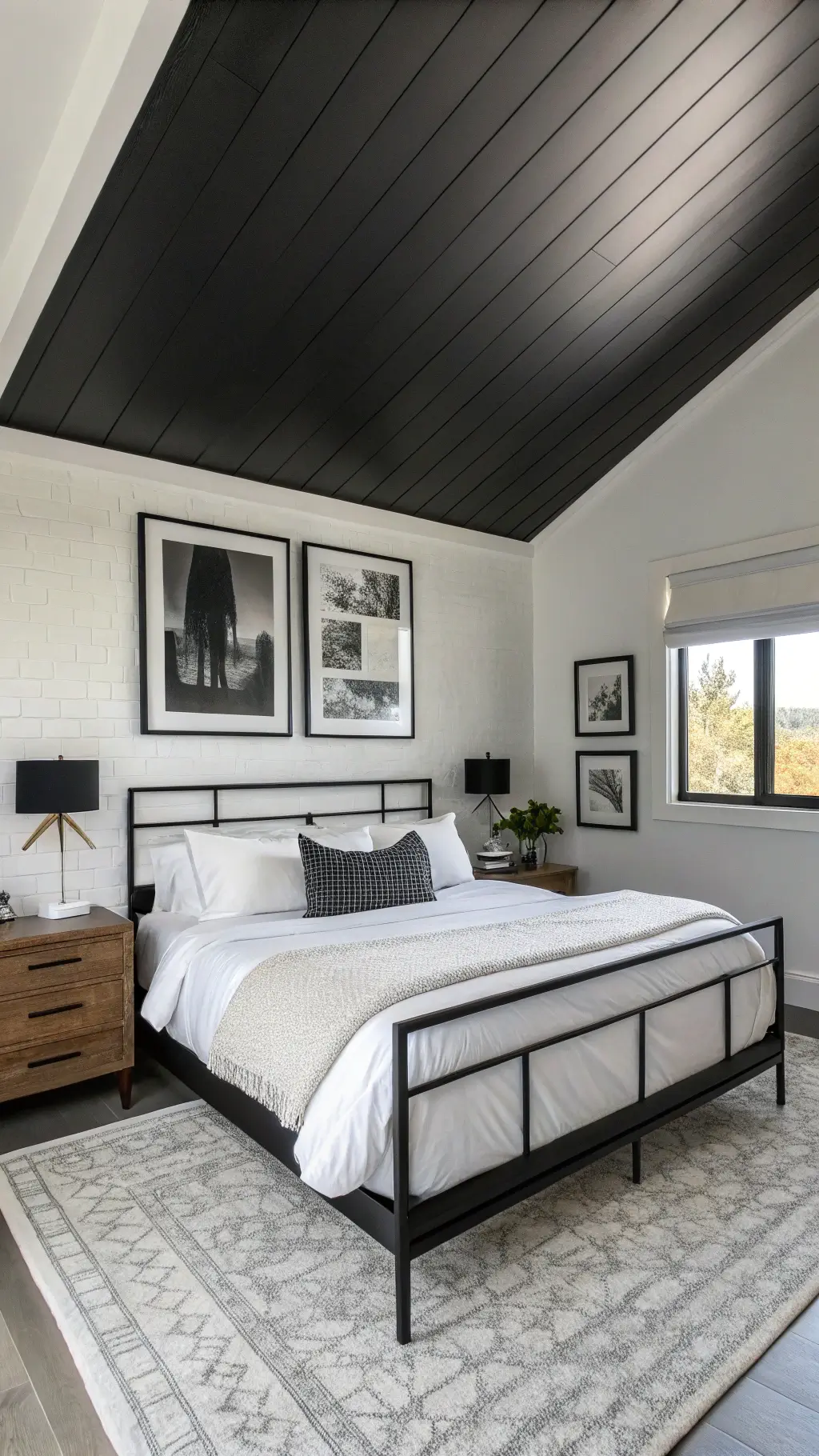 Create an Elegant Black and White Bedroom: A Timeless Design Guide 11 Stylish 14x14ft bedroom with black ceiling, white walls, platform bed with white linen headboard and layers of white textiles, black nightstands with marble tops, and monochrome abstract photography gallery wall.
