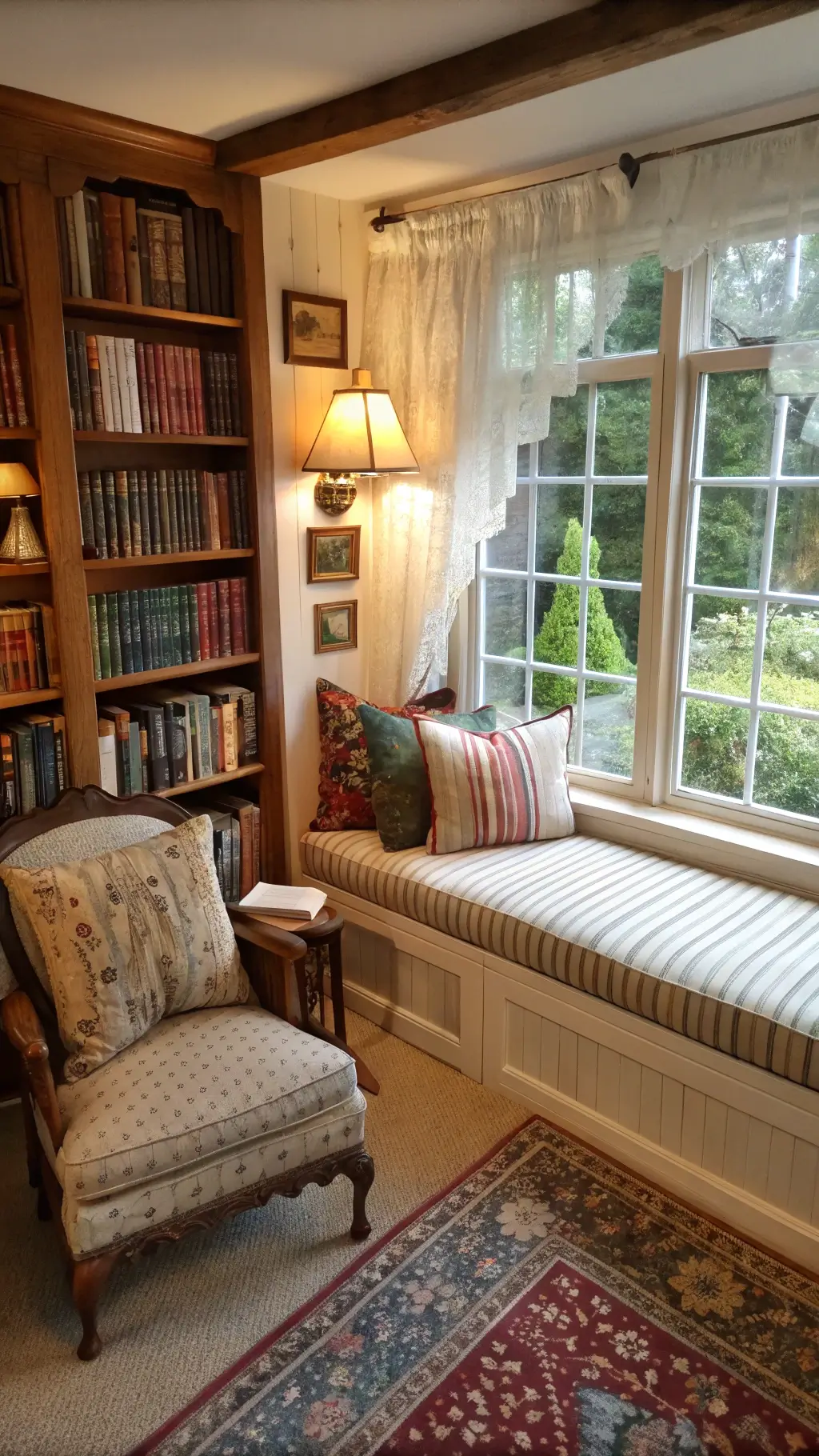 Countryside Cottage Interior Design: Your Ultimate Guide to Cozy, Timeless Charm 6 Cozy cottage reading nook in bay window alcove with cushioned seat, vintage pillows, built-in bookshelves filled with books, antique wall sconces, lace curtains, leather armchair and wooden side table, captured with a dreamy bokeh effect.