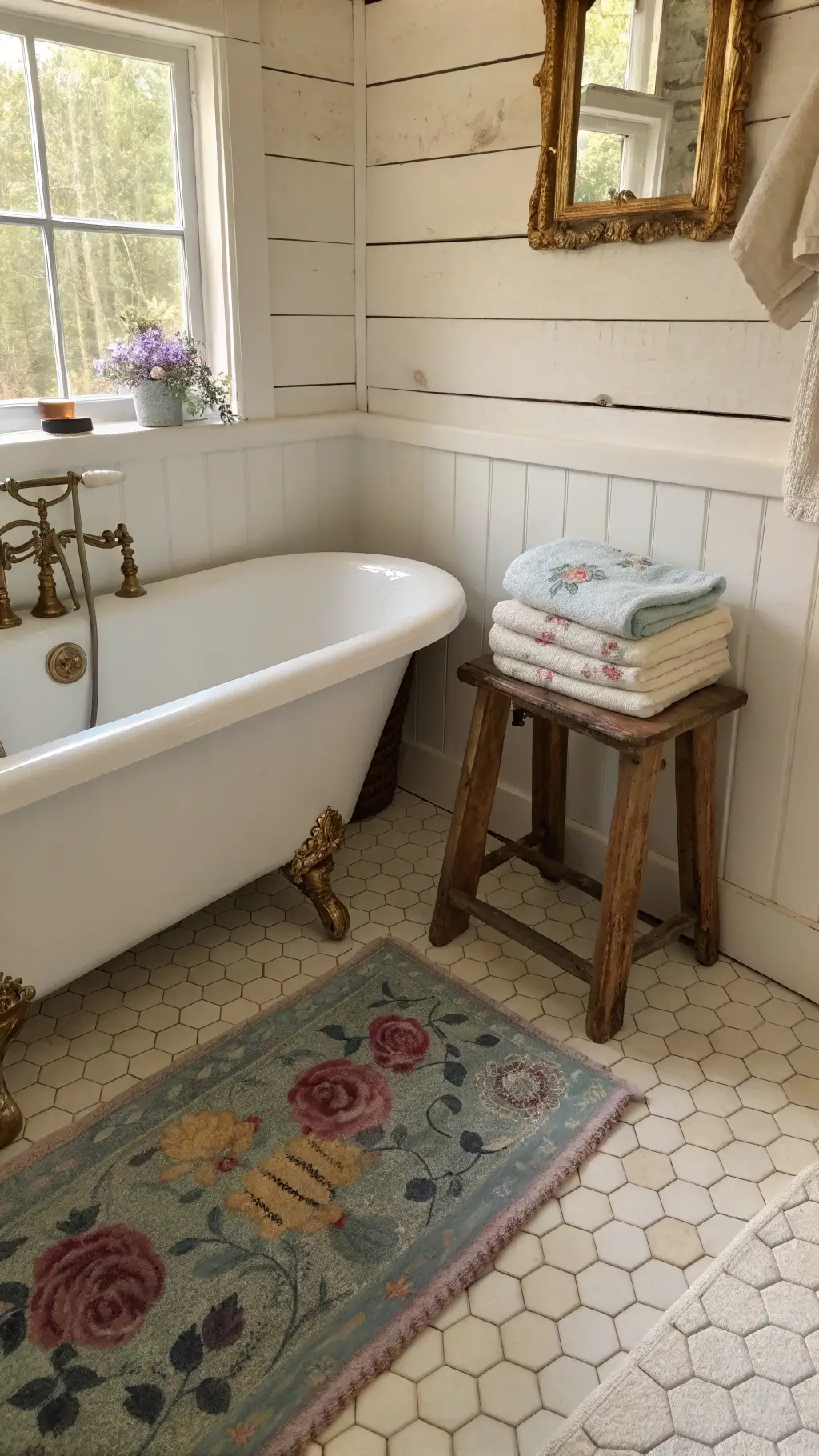 Countryside Cottage Interior Design: Your Ultimate Guide to Cozy, Timeless Charm 8 Vintage claw-foot tub with brass fixtures in a cottage bathroom corner setting featuring warm white shiplap walls, a weathered wooden stool with linens and lavender soaps, a Turkish rug, and frosted glass window allowing morning light.