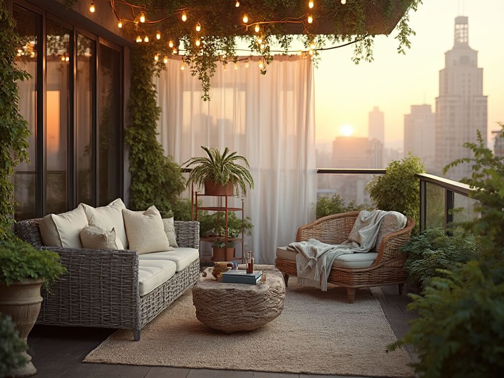"Cozy urban balcony with grey wicker bistro set, rattan lounge chair, copper plant stand with ferns and herbs, and copper string lights against a sunset cityscape backdrop"