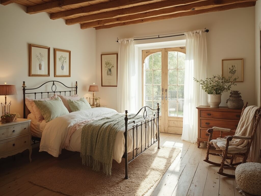 A vintage cottagecore bedroom sanctuary with a wrought-iron bed, antique pine dresser, botanical prints, and garden view through French doors.