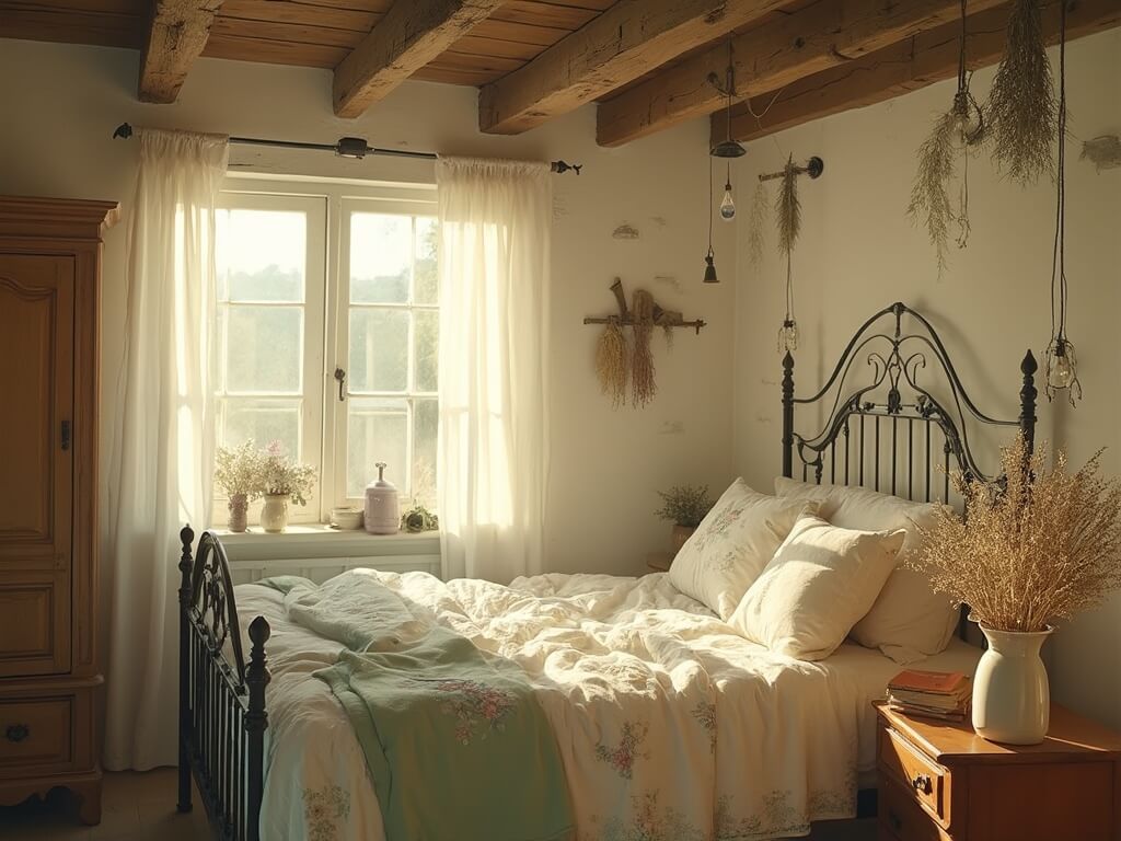 "Sunlit vintage cottagecore bedroom with a wrought-iron bed, cream bedding, floral embroidery, antique oak armoire, dried lavender bundles, and a vase of wildflowers on a worn wooden side table."