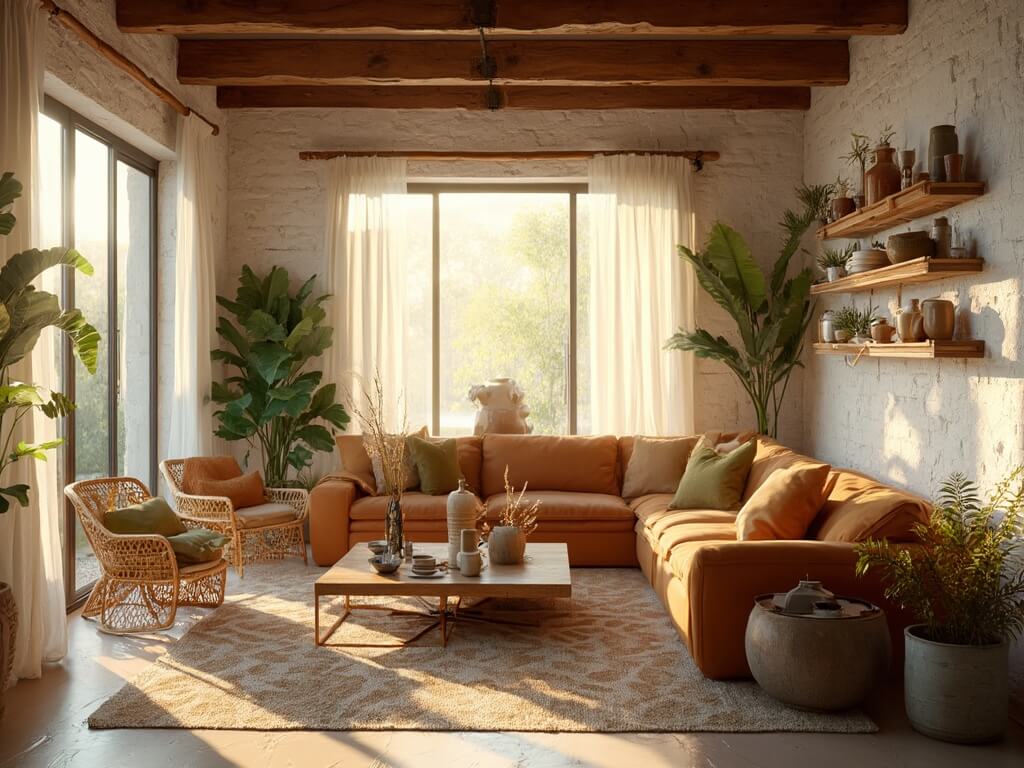 "Sunlit modern living room with cognac leather sectional, natural accents, and indoor plants in earthy tones."
