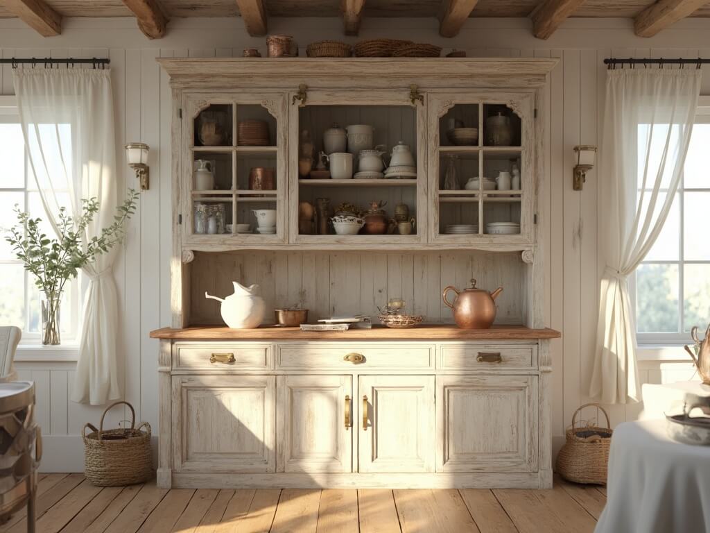 "Sunlit farmhouse kitchen with weathered oak hutch displaying vintage dishes and cookware, surrounded by white shiplap walls and wooden beams"