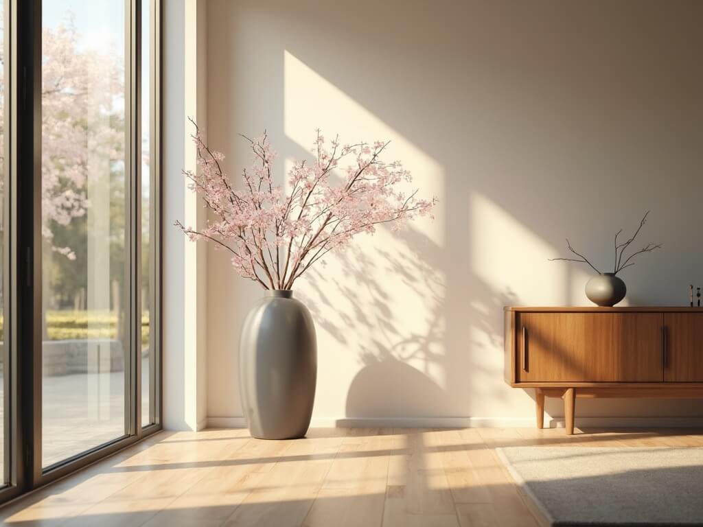 "Minimalist Japandi-style living room with grey ceramic vase holding a cherry blossom branch, bathed in soft golden hour daylight"