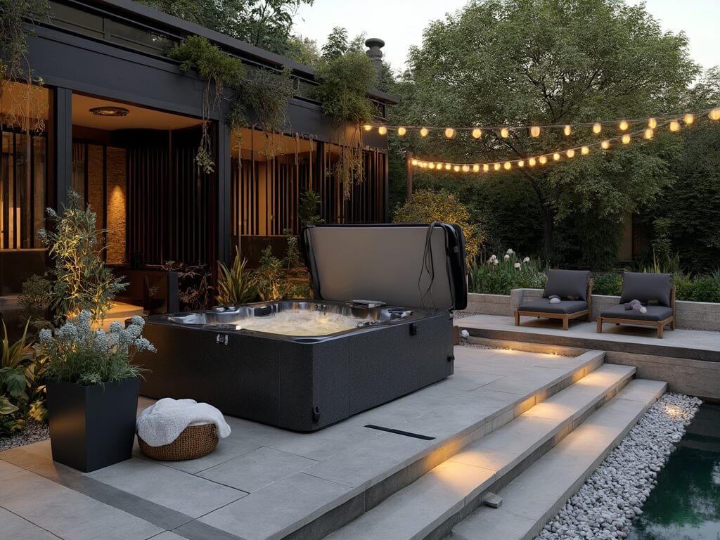 "Luxurious backyard hot tub retreat with modern design, black metal privacy screens, natural stone pavers, and minimalist decor at golden hour"