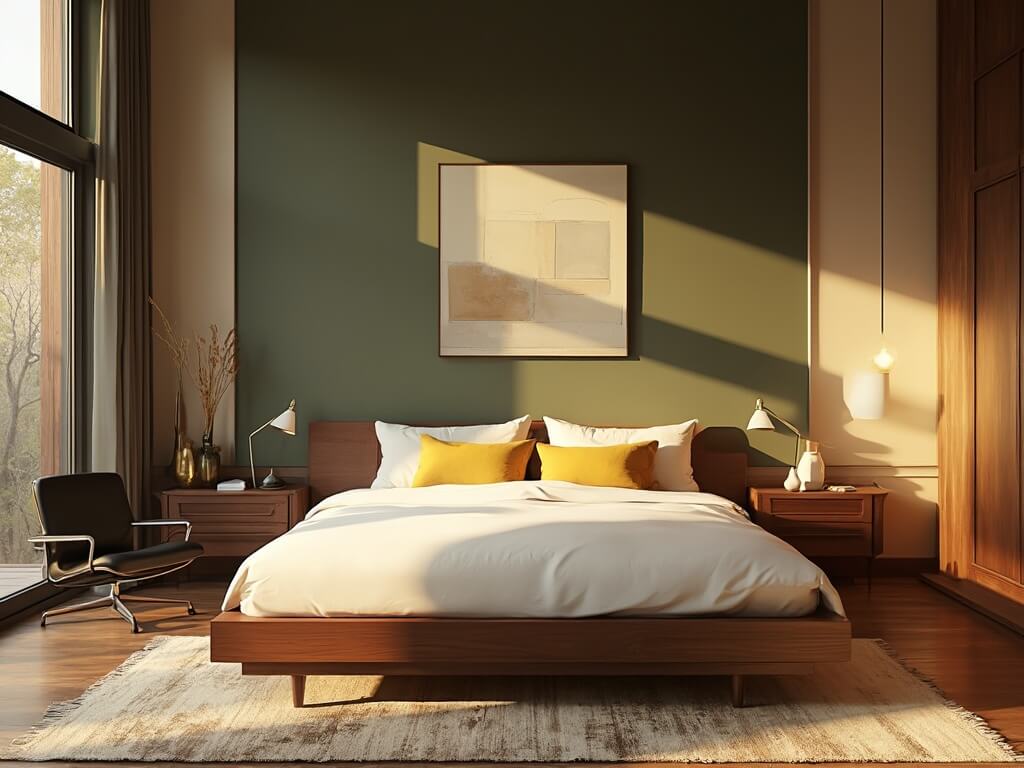 "Mid-century modern master bedroom with walnut furniture, white linens, mustard yellow pillows, Eames lounge chair, brass Sputnik lamp, olive green wall, geometric artwork, and Moroccan rug, bathed in warm golden hour sunlight."