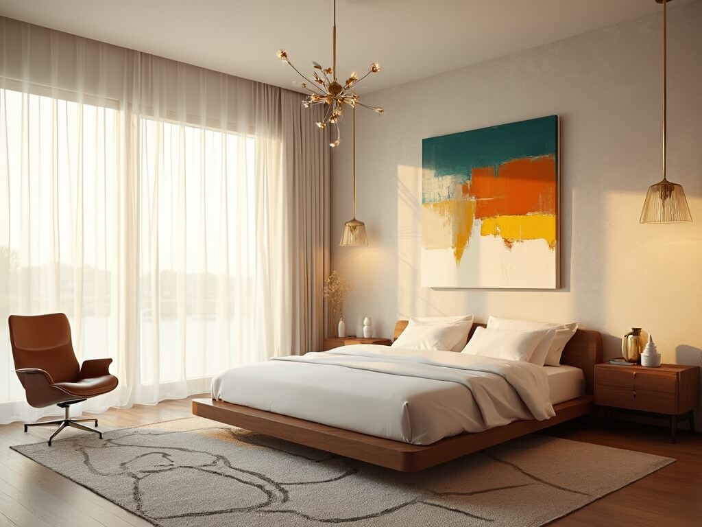 "Mid-century modern bedroom with warm sunlight, walnut platform bed, cognac leather Eames chair, and abstract canvas art"