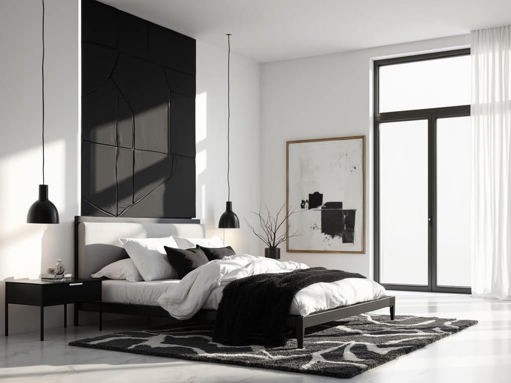 "Spacious contemporary bedroom with black and white interior design, abstract canvas art, and morning sunlight filtering through sheer curtains"