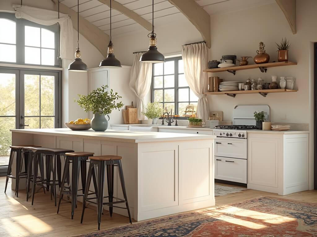 "Sunny modern farmhouse kitchen with vaulted ceiling, white quartz island, black stools, vintage decorations, and large windows during golden hour"