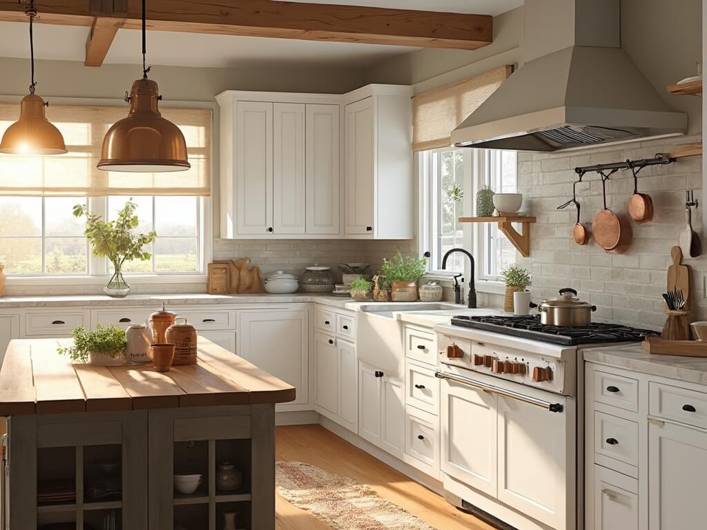 "Spacious farmhouse kitchen with white cabinets, reclaimed oak island, marble countertops, matte black fixtures, and vintage decor, bathed in warm sunlight"