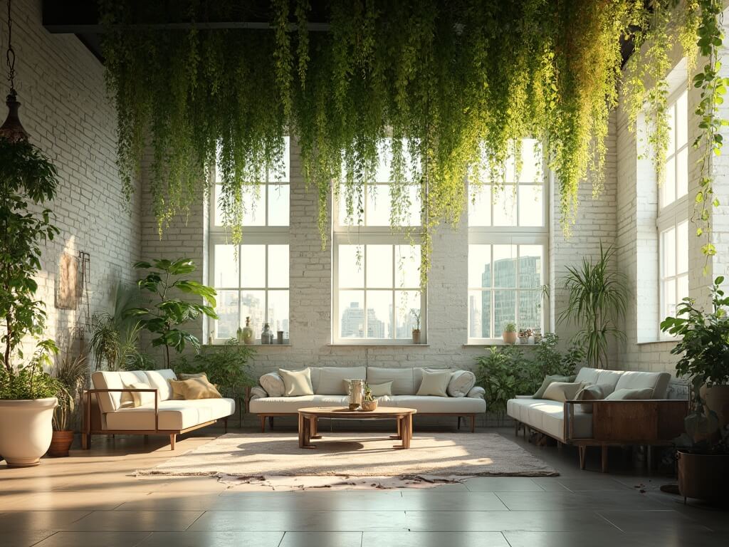 "Sunlit modern loft with hanging garden of varied plants, mid-century furniture, and industrial windows"