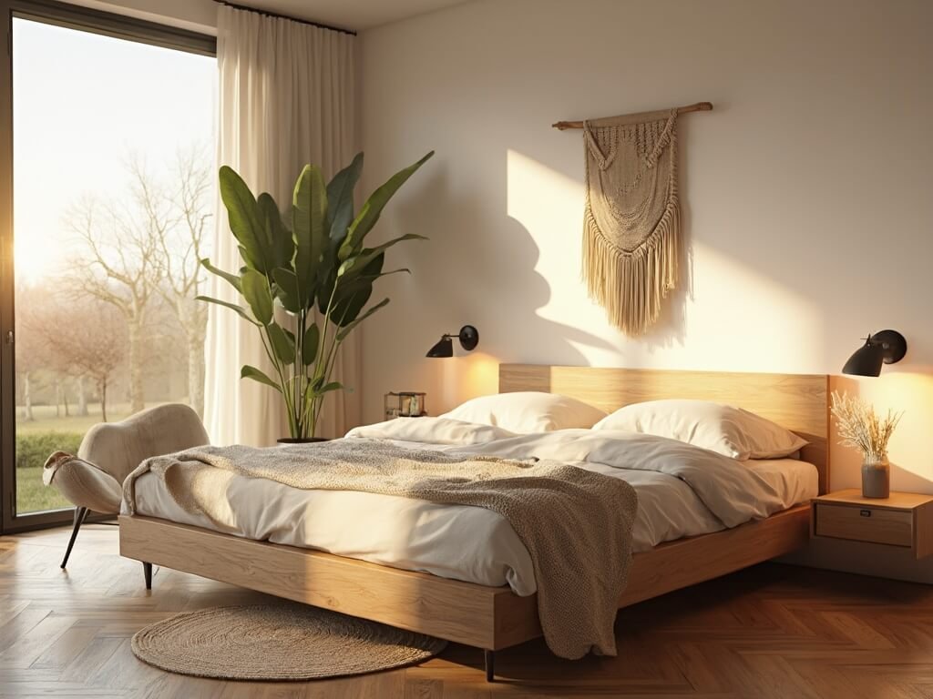 "Modern organic bedroom with natural sunlight, minimalist white walls, warm wooden elements, herringbone hardwood flooring, chunky knit throw, handwoven jute area rug, and indoor plants during golden hour."