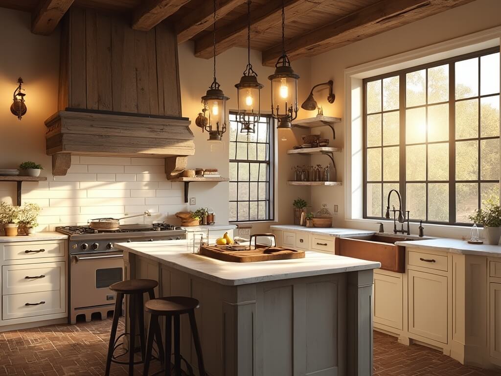 "Warm farmhouse kitchen with sunlit shiplap walls, rustic lighting, and aged elements of wood and metal"