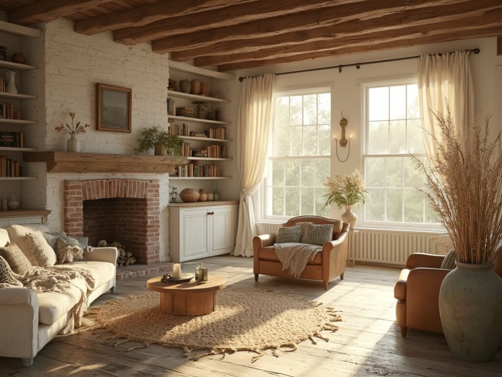 "Sunlit rustic farmhouse living room with vintage furniture, brick fireplace, and floor-to-ceiling windows at golden hour"