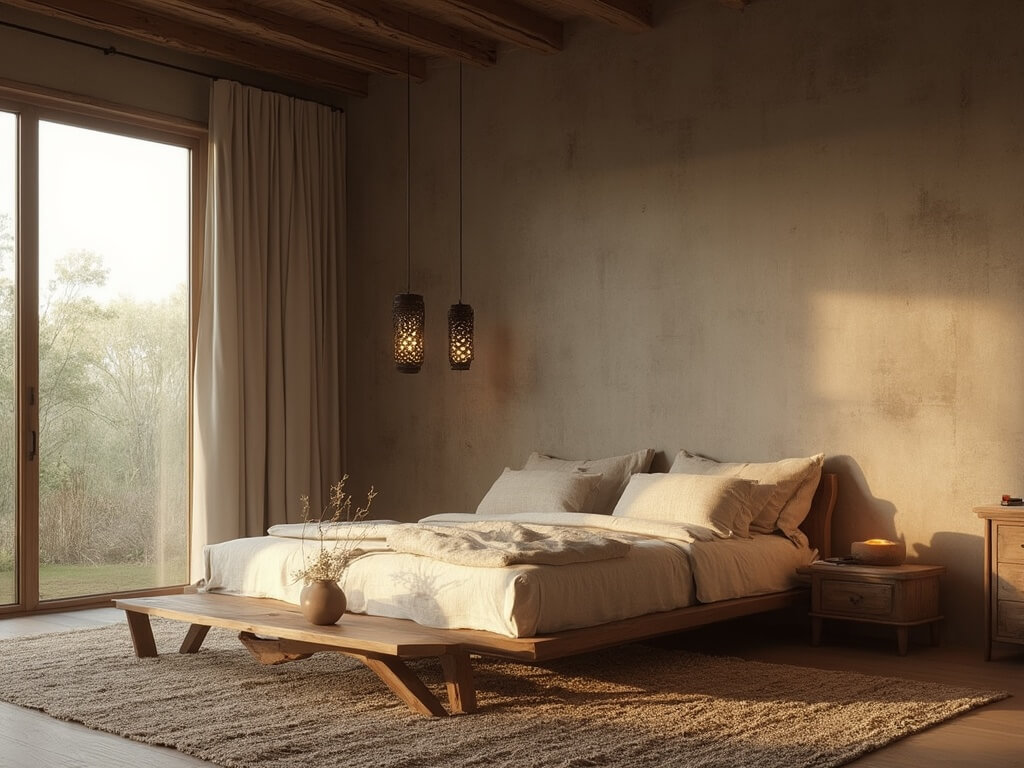 "Serene wabi-sabi styled bedroom at dawn with low-profile walnut bed, weathered wooden bench, handwoven jute rug, and dried pampas grass in a ceramic vase, emphasizing texture and imperfection."