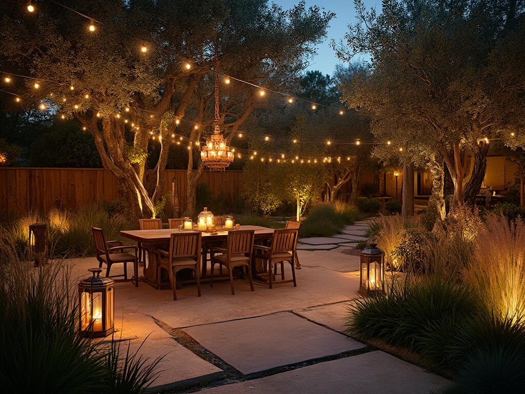 "Twilight view of a 40'x60' garden with layered lighting design, featuring Edison-style string lights, Moroccan lanterns, modern bollards, oppositely lit trees and illuminated water feature."