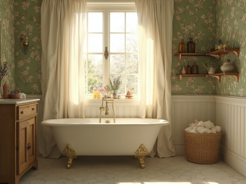 "Vintage Victorian-style bathroom with white clawfoot tub, sage green floral wallpaper, oak vanity, brass mirror, and antique accessories bathed in golden hour sunlight"