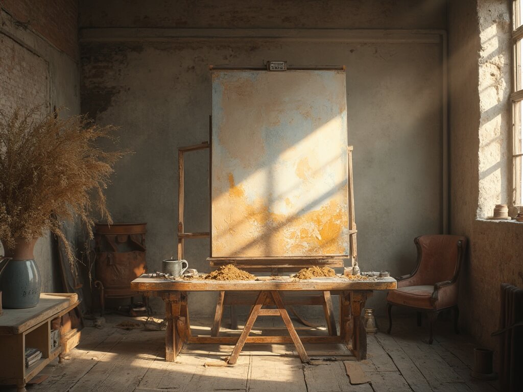"Sunlit artist's studio with unfinished Wabi-Sabi painting, rustic workbench with natural materials, and vintage leather chair"