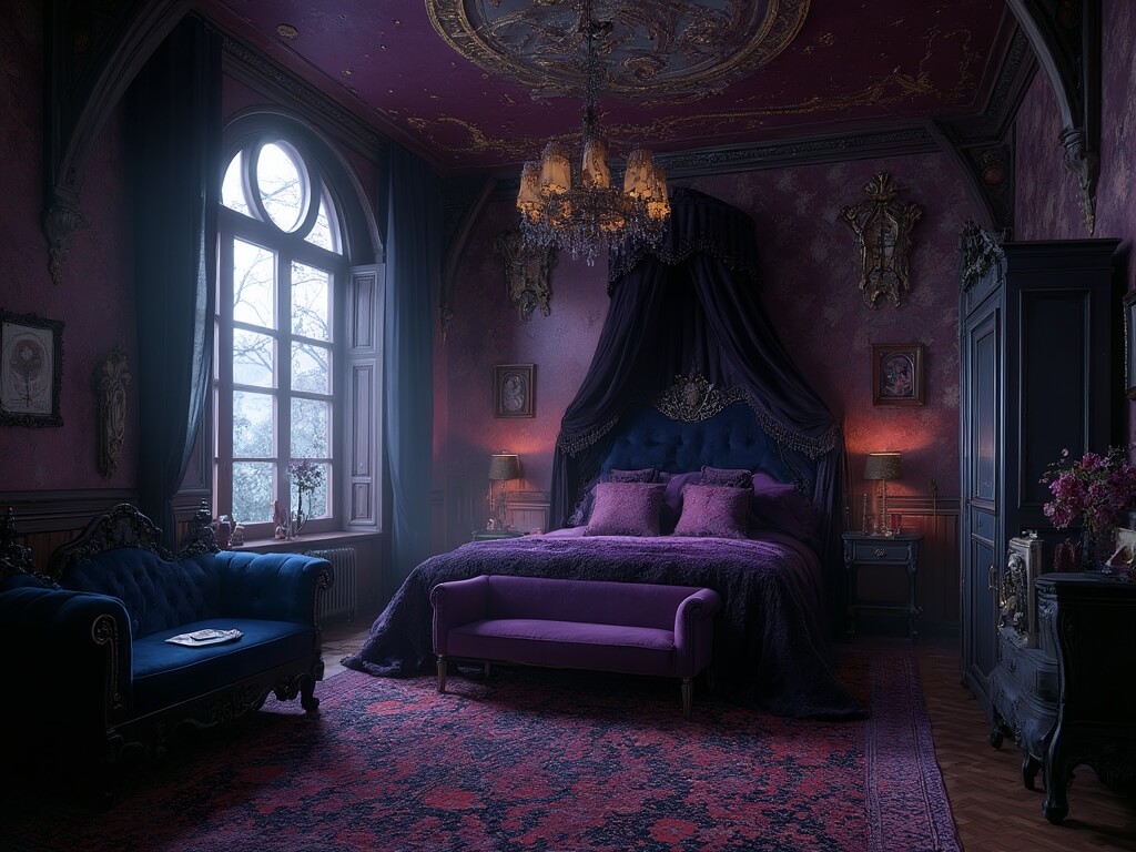 "Victorian Gothic bedroom with purple velvet canopy bed, moonlight through arched windows, black wrought-iron chandelier, vintage ebony armoire, midnight blue fainting couch, antique Persian rug, celestial art installation, antiqued vanity with tarot cards, dramatic lighting, and atmospheric fog."