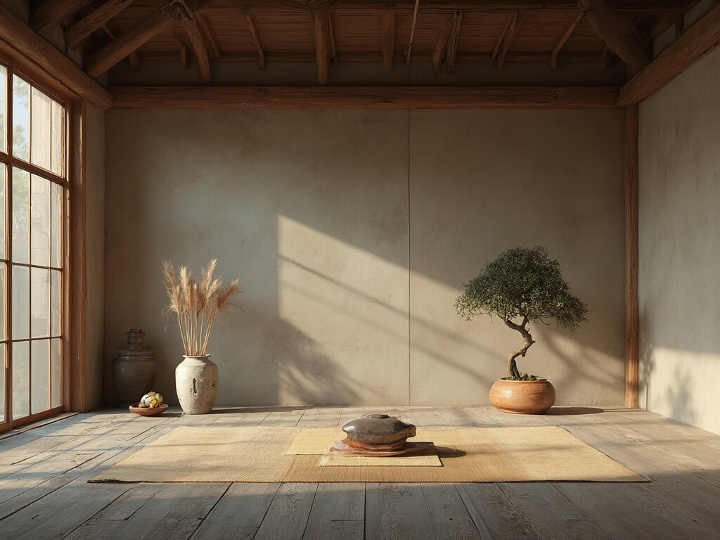 "Wabi-sabi zen meditation space with natural light, aged wooden architecture, handmade walls, oak floor, meditation cushion, ceramic vessels with pampas grass, incense holder, bonsai tree in cracked pot, in a cinematic composition with warm grays and soft browns."