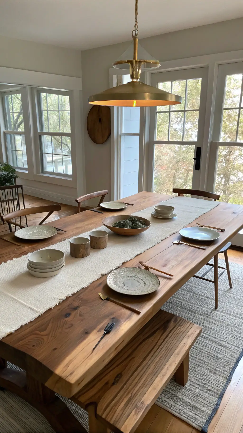 Spacious, light-filled dining area highlighting a handmade walnut table with butterfly joints, mismatched ceramic plates, an unironed linen runner, and warm lighting from a weathered brass pendant.