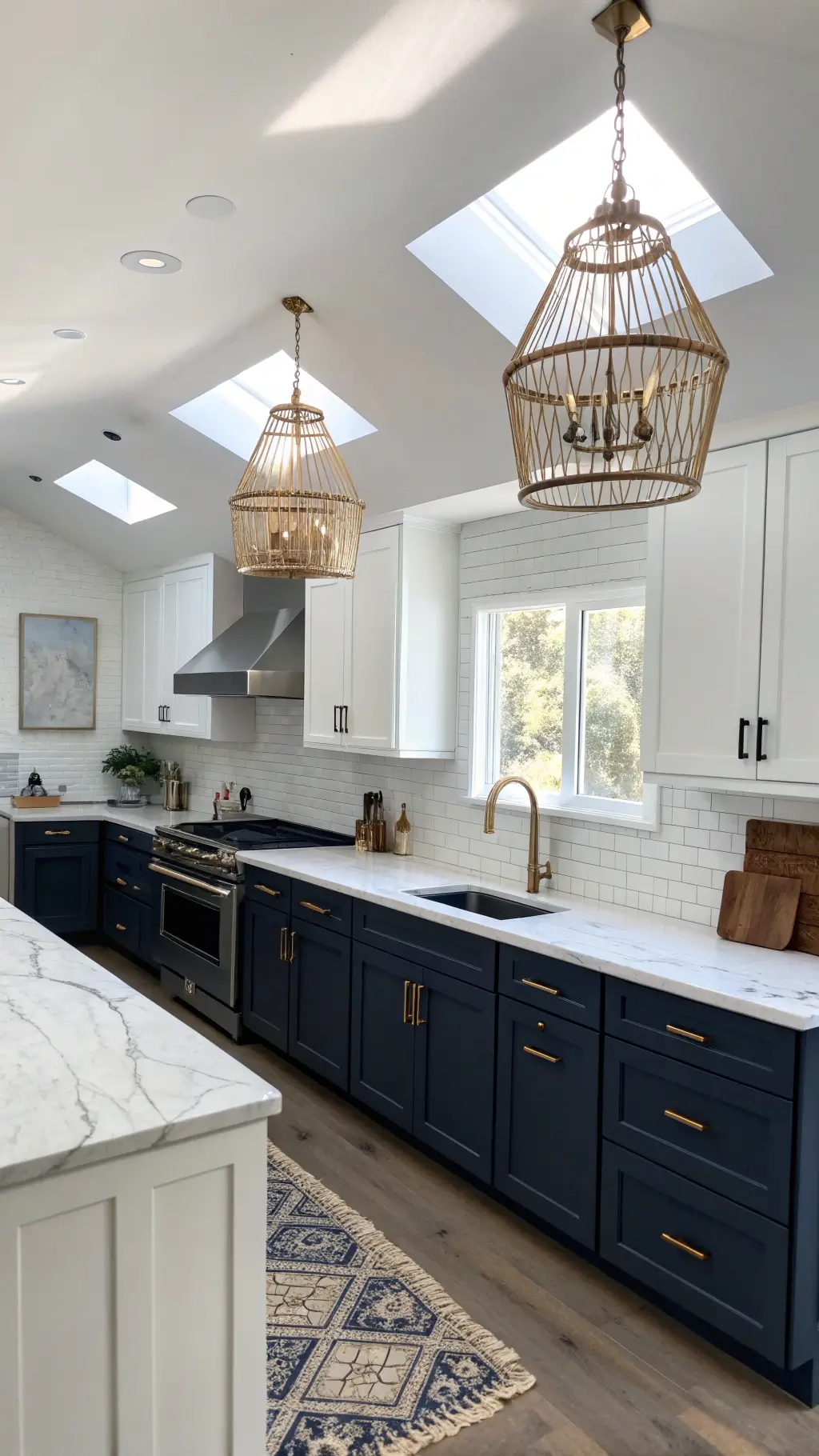 Bird's eye view of a two-tone kitchen with navy lower cabinets, white upper cabinets, black stainless appliances, brass hardware, marble countertops, and woven pendant lights under skylights at midday.