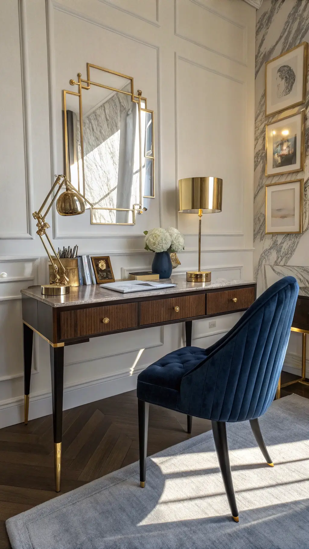 Art Deco-inspired study nook in evening golden light featuring a dark walnut desk with brass inlay, a deep navy velvet chair, a crystal desk lamp, gilded mirrors, marble accessories, and black and white photography in gilt frames.