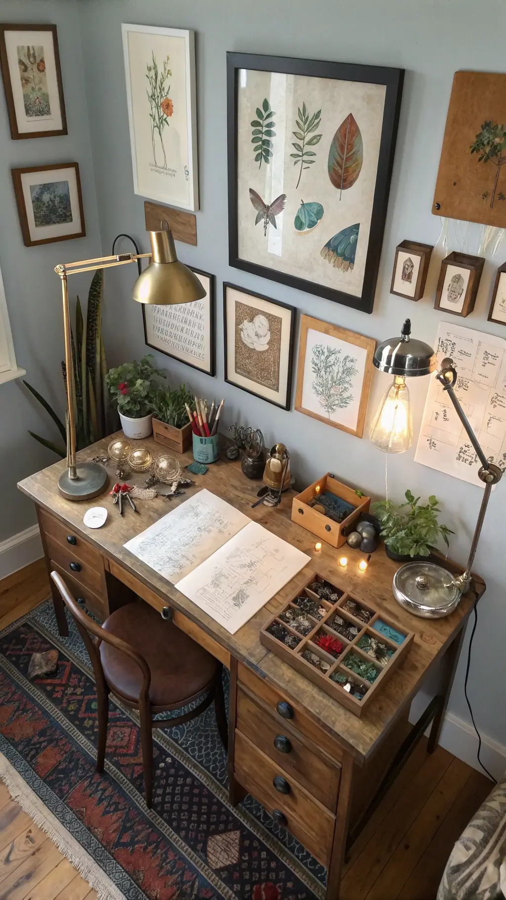 Aerial view of an eclectic artist's corner featuring a vintage drafting table with curiosities, art supplies, mixed metal lights and a gallery wall with assorted artworks illuminated by mid-morning light.
