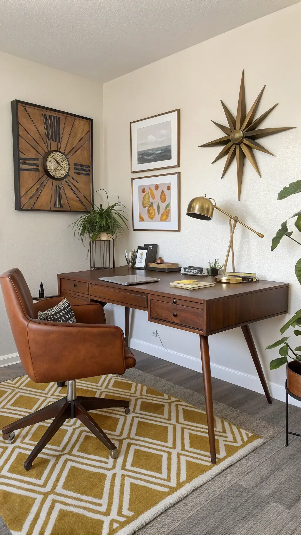 Mid-century modern office with walnut desk, leather and chrome chair, starburst clock, abstract art, brass table lamp, and planters. Space is adorned with rich woods, cognac leather, and mustard accents, and features a geometric rug.