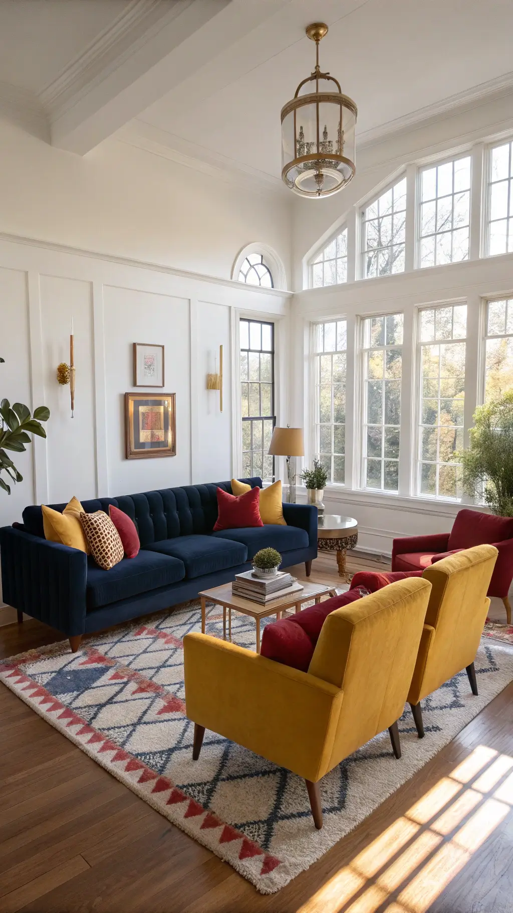 Spacious living room bathed in afternoon light featuring navy blue sofa, yellow accent chairs, red throw pillows, white walls, brass light fixtures, and a multicolored rug, with decorative elements like throws, books, and plants.