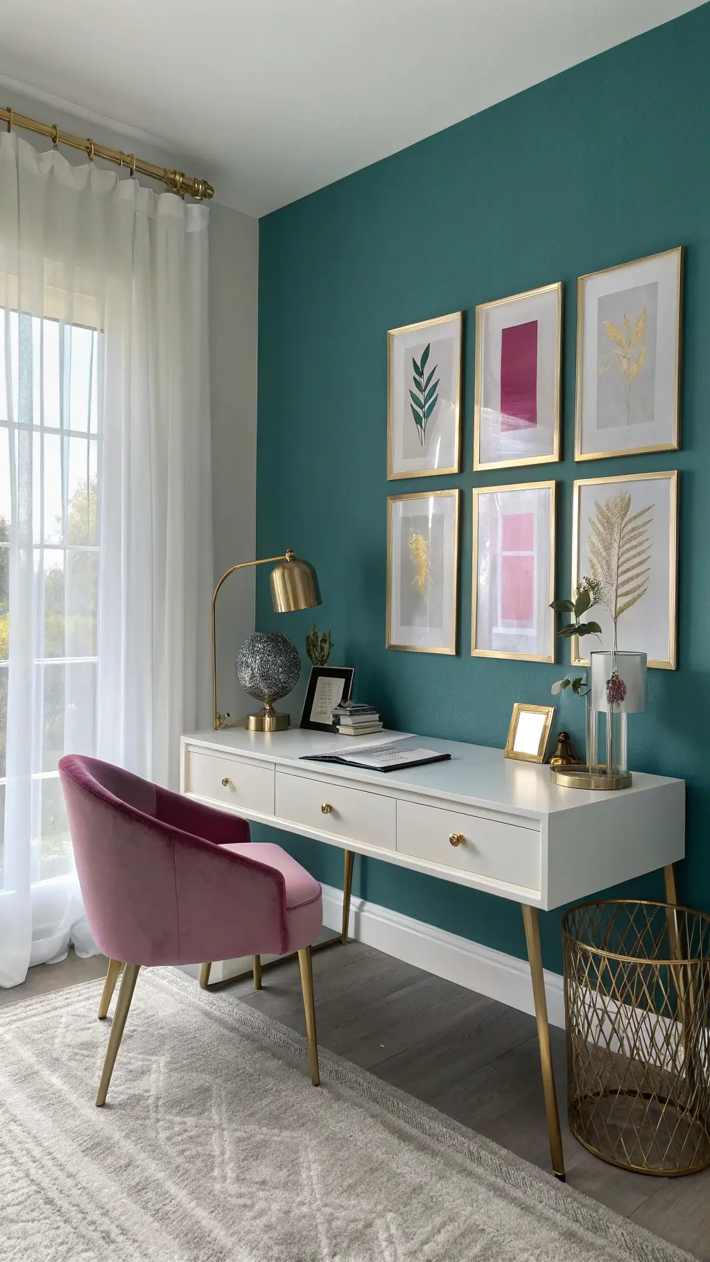 Modern home office with teal accent wall, white desk with magenta accessories, gold accents, and early morning light filtering through sheer curtains