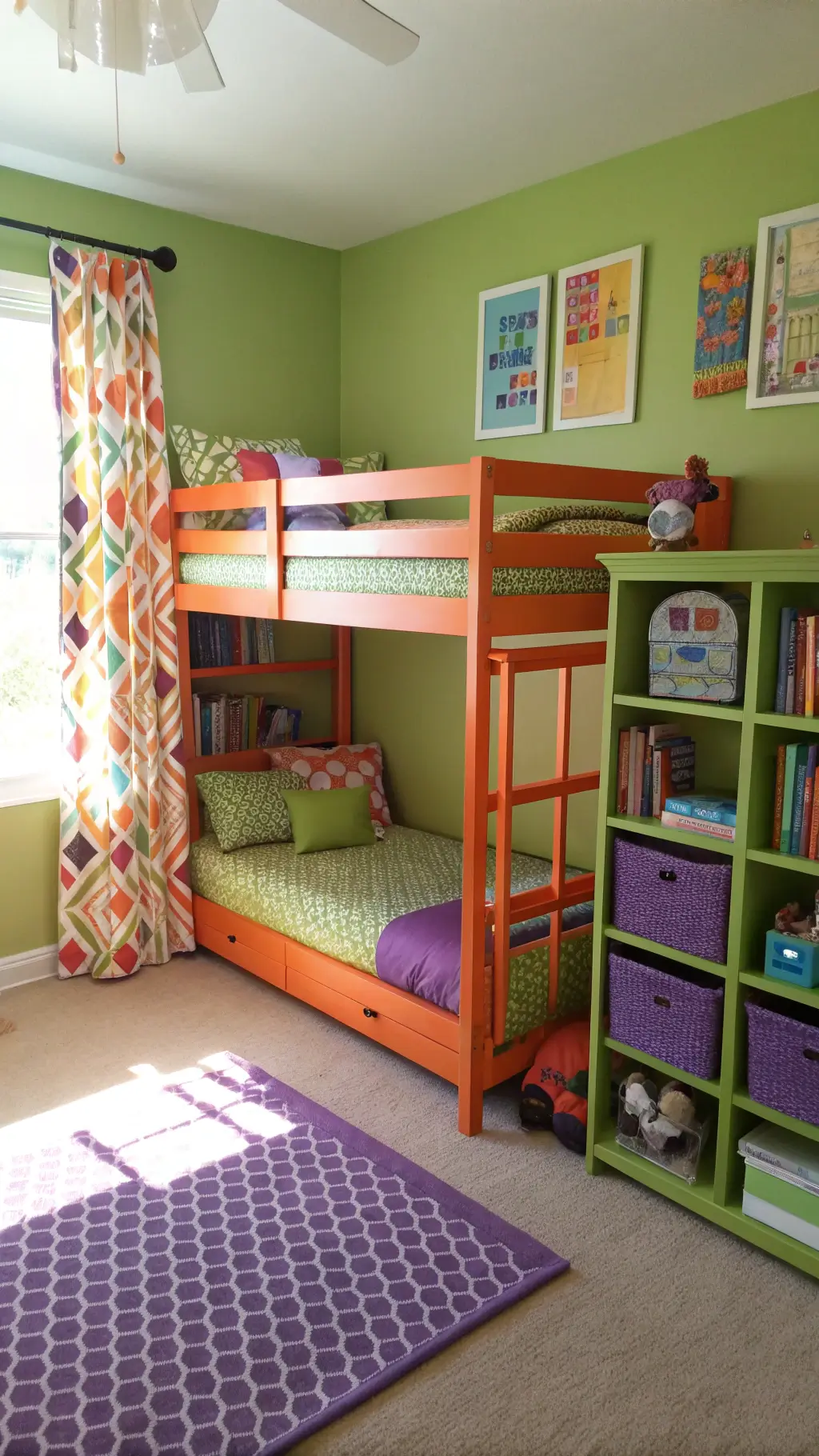 Kids' bedroom with lime green walls, orange bunk beds, and purple reading nook, styled with colorful furniture, educational wall art and sundry toys, capturing morning sunlight.
