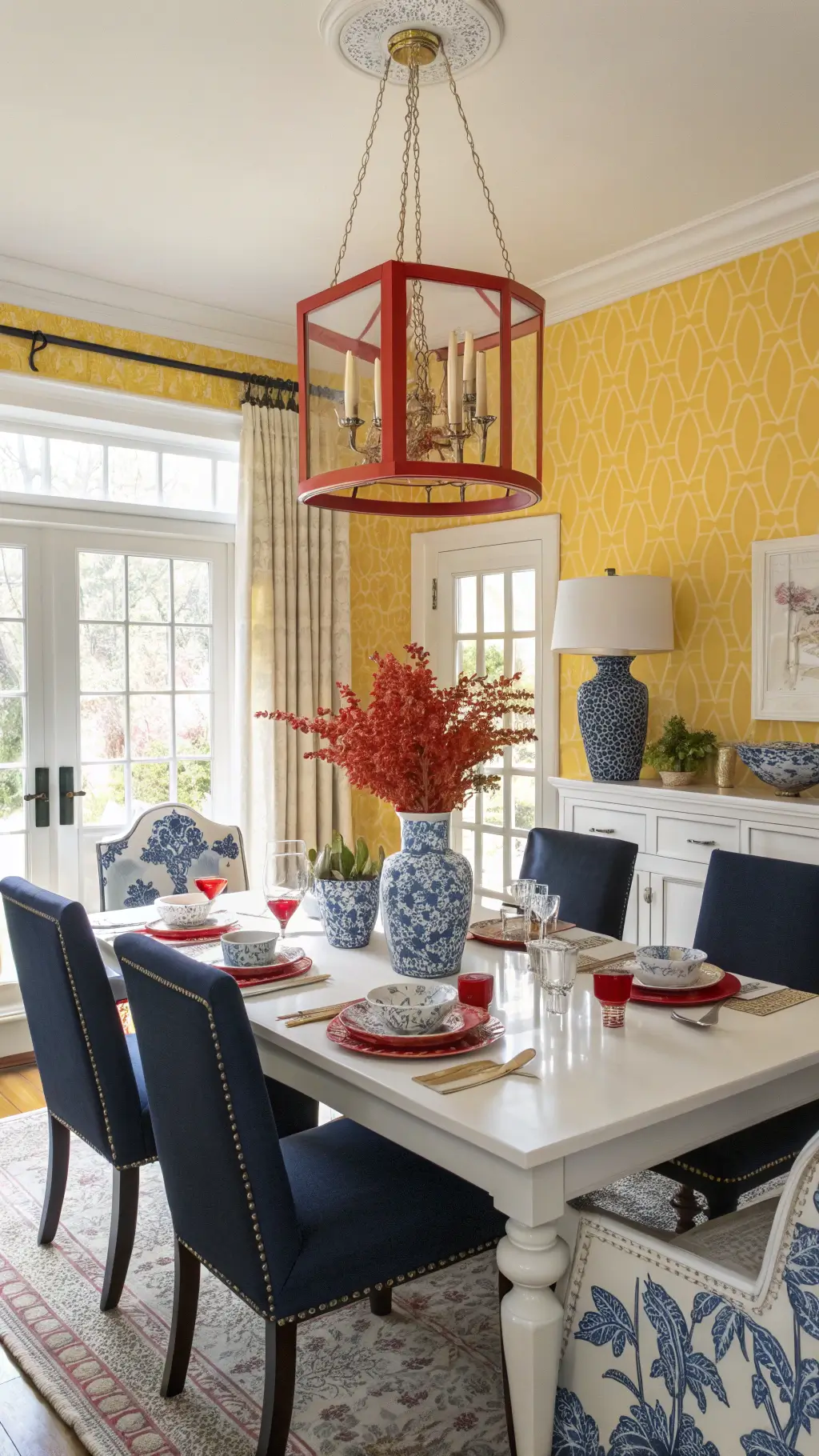 Brightly lit dining room with yellow walls, navy blue chairs, a red chandelier, white oak table with brass accents, blue and white chinoiserie vases, and red table linens during breakfast hours.