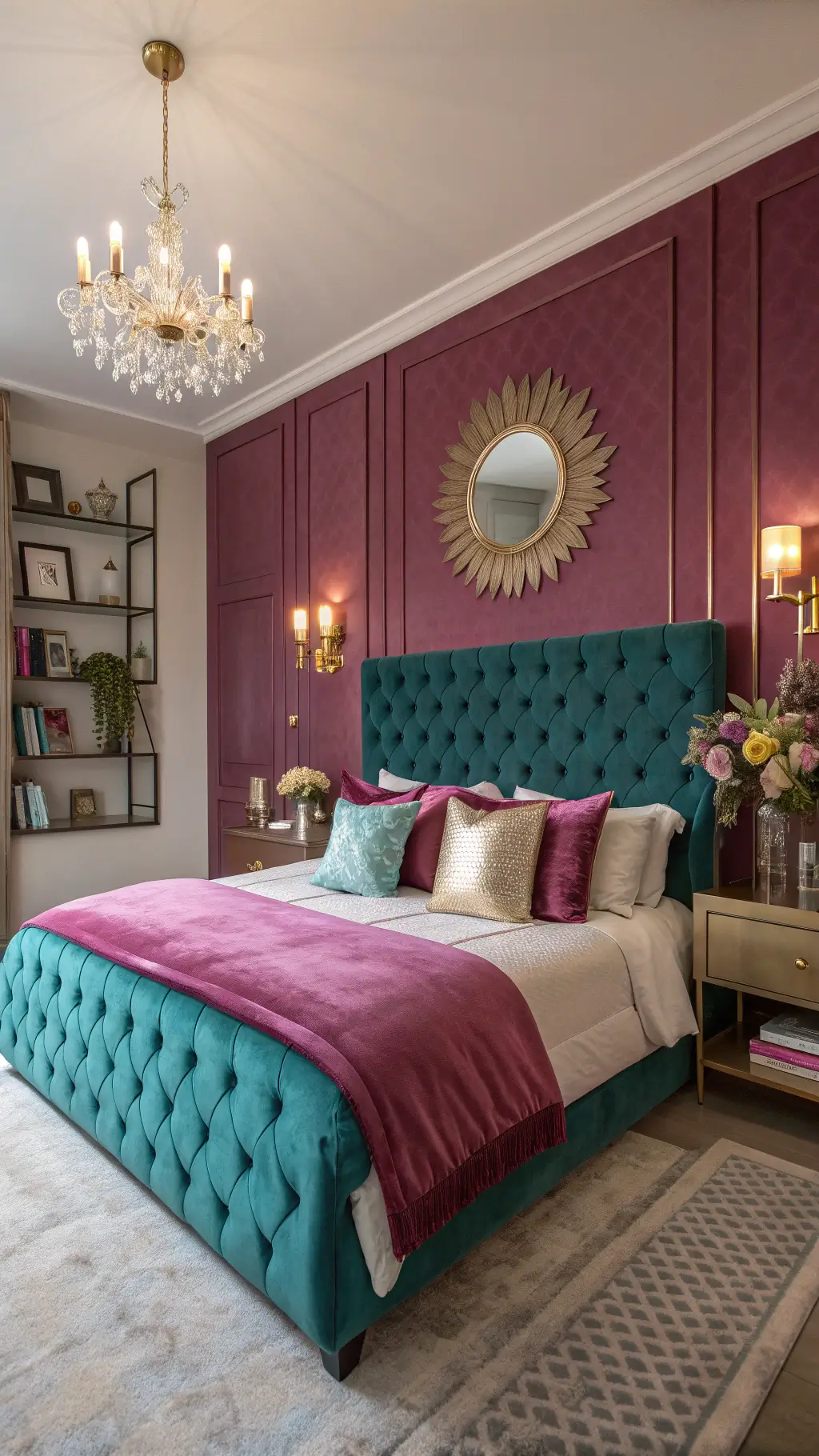Luxurious master bedroom (18x20ft) with teal velvet tufted headboard, magenta accent wall, gold leaf mirror and lighting fixtures, silk bedding, and high-end decor illuminated by dusk light and crystal sconces.