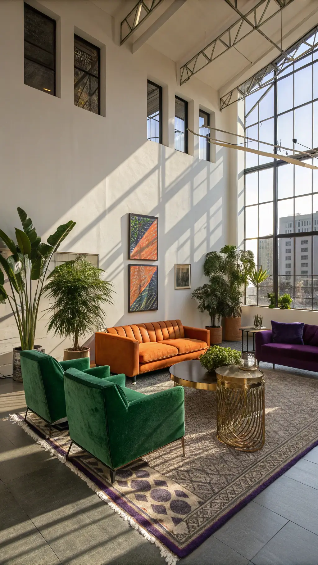 Contemporary living room with green, orange, and purple accents, architectural windows creating dramatic shadows, emerald green velvet armchairs, orange leather sofa, purple art installation, mixed metallics, geometric patterns, oversized plants, and open floor plan.