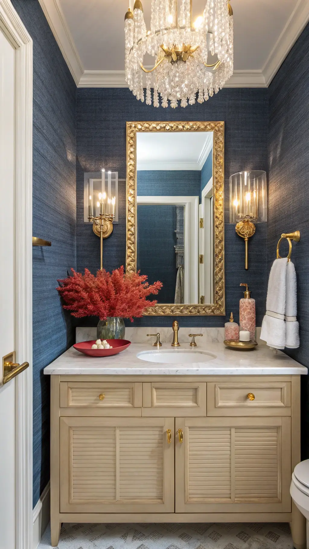 Elegant powder room with navy grasscloth wallpaper, crystal sconces, yellow marble vanity with red coral sculpture, brass fixtures, fresh flowers, luxury towels, and high contrast lighting.