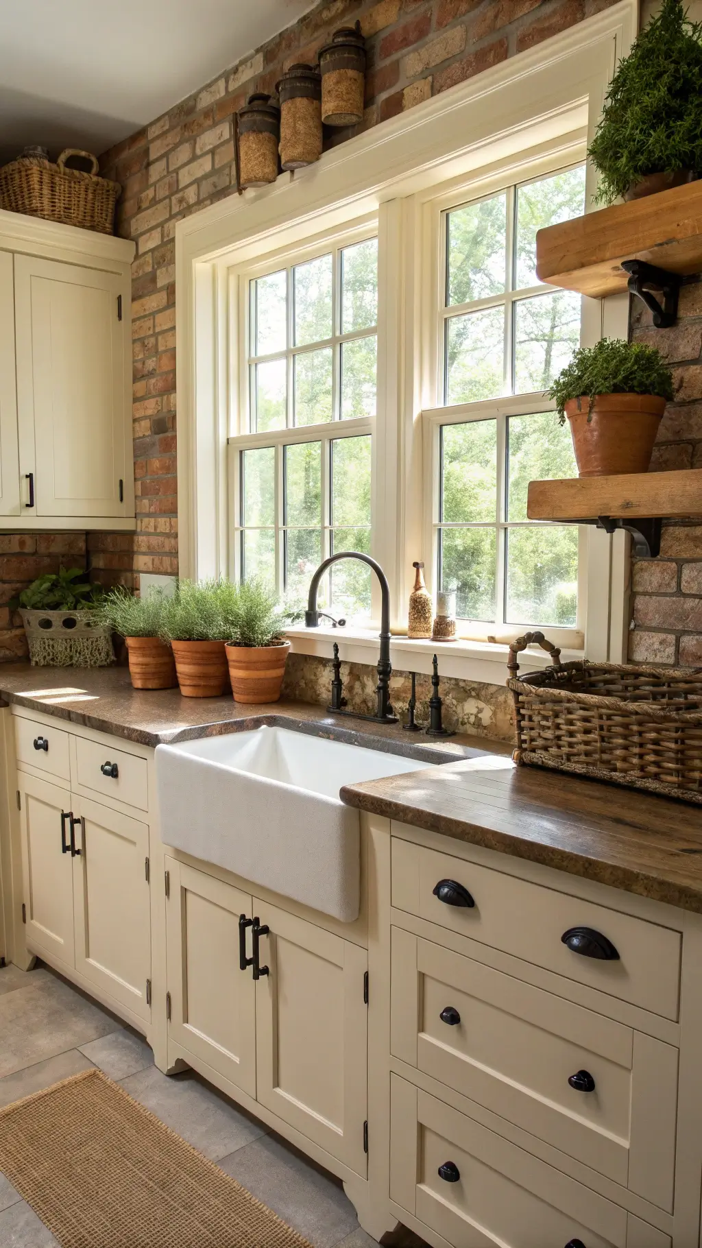 Bright and sunny 16x18ft farmhouse kitchen with cream cabinets, black iron hardware, a brick backsplash, butcher block island and fresh herbs on a windowsill.