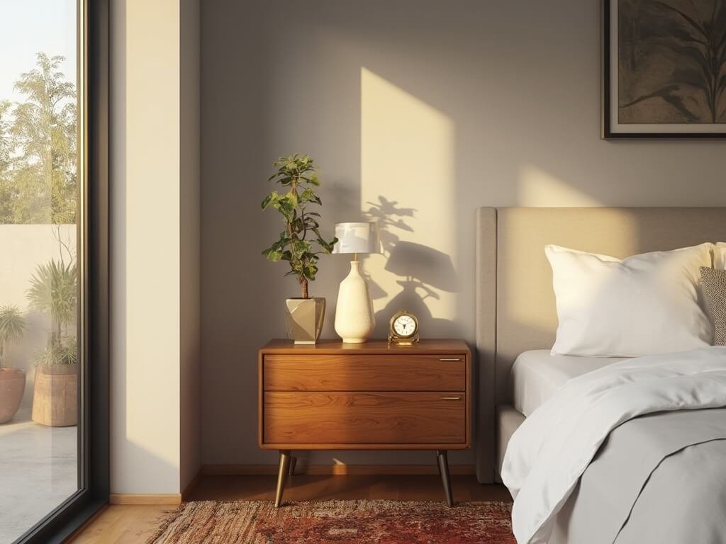 "Mid-century modern bedroom with walnut nightstand, ceramic lamp, vintage clock, and snake plant at golden hour"