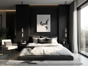 "Modern monochrome bedroom with black accent wall, white linens, chrome pendant lights, and morning light streaming in through floor-to-ceiling windows"