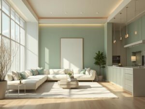 "Spacious modern living room with sage green walls and minimalist décor, filled with natural morning light from floor-to-ceiling windows"