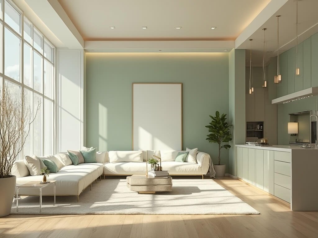 "Spacious modern living room with sage green walls and minimalist décor, filled with natural morning light from floor-to-ceiling windows"