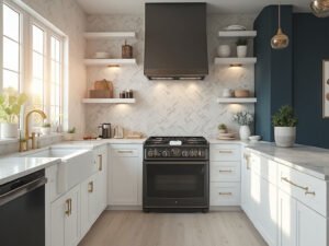 "Modern kitchen with black stainless steel appliances, white shaker cabinets, quartz island, brass pendant lights, and herringbone marble backsplash in sunlit setting"