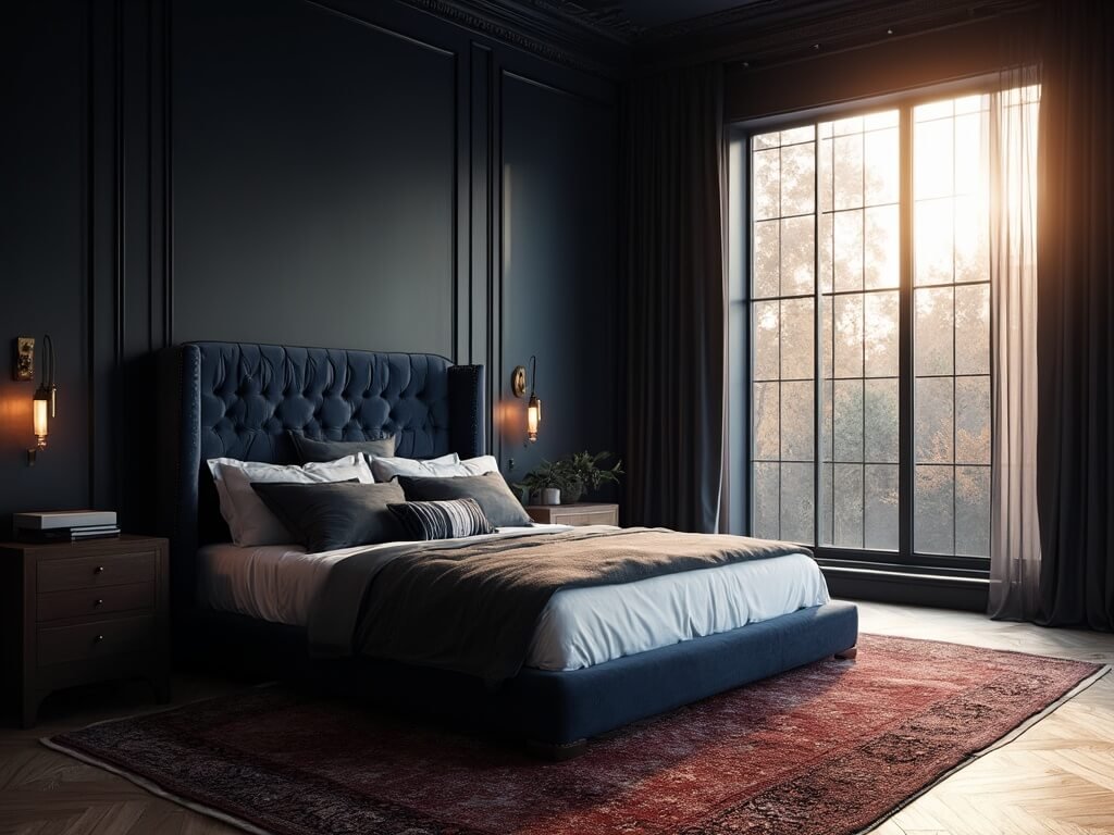 "Luxurious master suite with navy walls, king-size bed with blue velvet headboard, vintage brass wall sconces, and golden hour sunlight pouring through floor-to-ceiling windows."