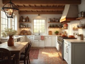 "Rustic farmhouse kitchen interior during golden hour with exposed beams, white oak flooring, reclaimed wood island, and ironstone pottery collection"