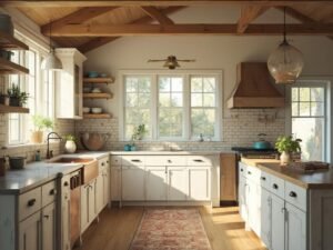 "Rustic farmhouse kitchen with white cabinets, black iron hardware, weathered oak island with copper sink, marble countertops, cast iron cookware, and vintage enamelware in golden hour lighting."