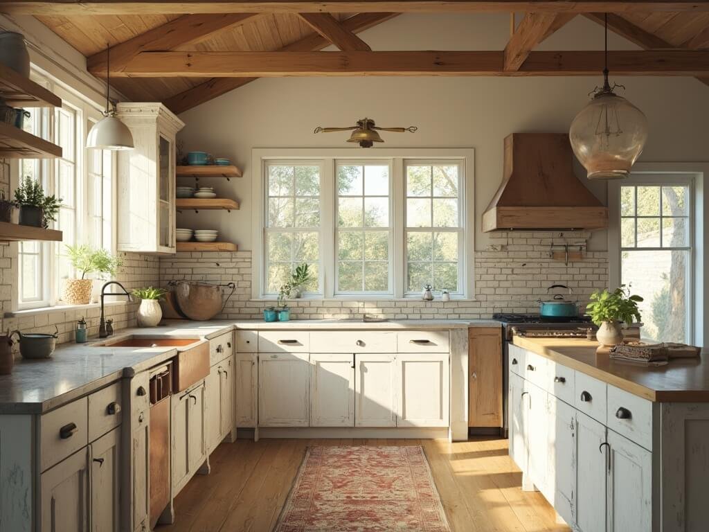 "Rustic farmhouse kitchen with white cabinets, black iron hardware, weathered oak island with copper sink, marble countertops, cast iron cookware, and vintage enamelware in golden hour lighting."