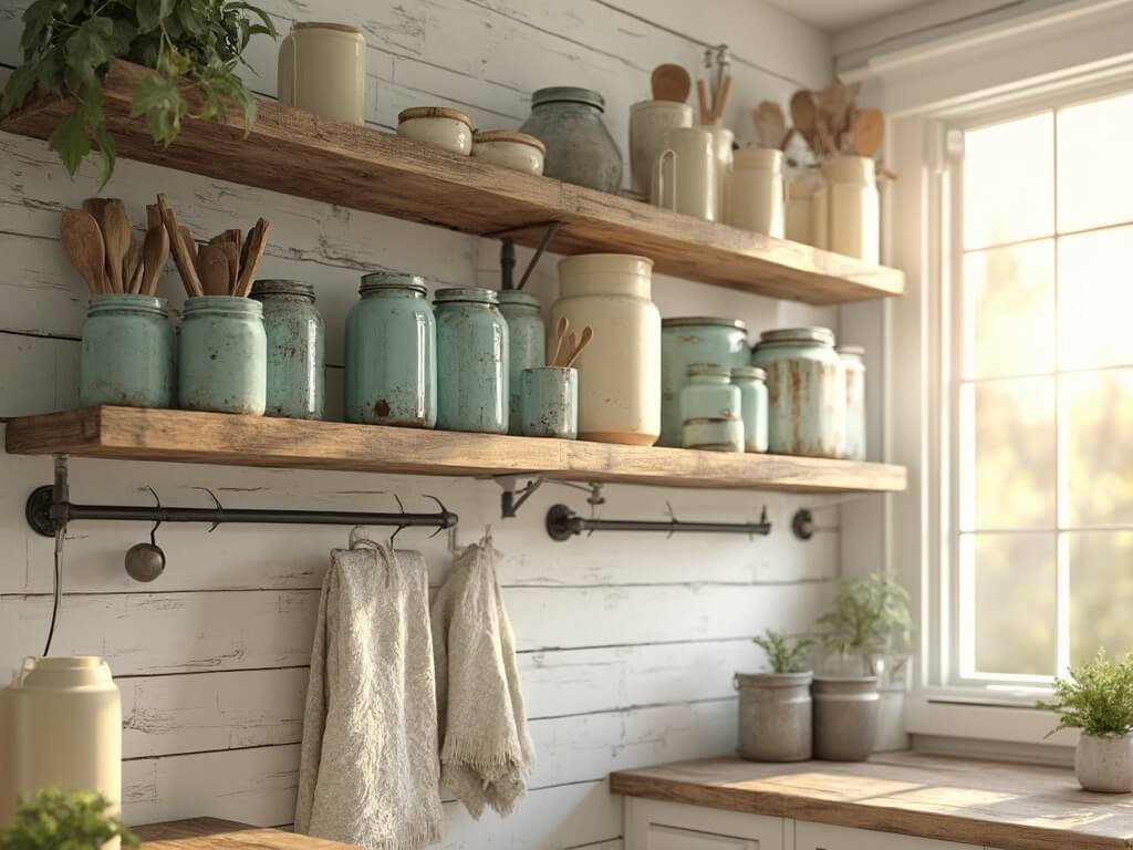 "Rustic farmhouse kitchen with vintage utensils, ceramics, and decor in warm sunlight"